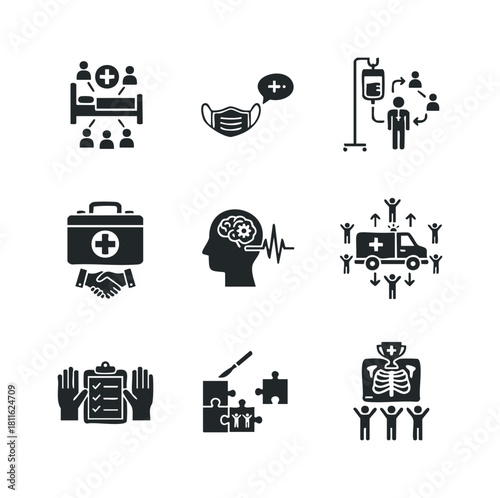 Comprehensive healthcare services and medical treatment solutions for patient recovery, emergency response, and community health management ideal for digital applications