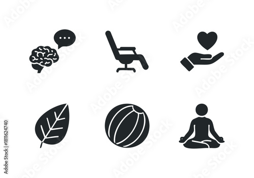 Diverse silhouette icons symbolizing wellbeing, comfort, emotional care, nature, leisure, and mindfulness, ideal for health, lifestyle, and personal development content.
