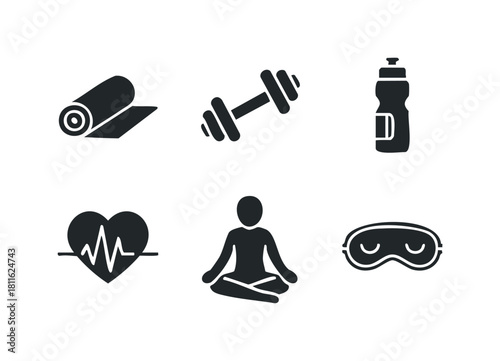 A collection of essential wellness activity icons representing fitness, exercise, healthy lifestyle, meditation, and relaxation for health and gym promotions