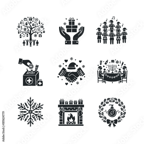A comprehensive set of festive glyph icons representing winter celebrations, community support, gift exchange, and holiday gatherings, ideal for seasonal graphic projects and themed