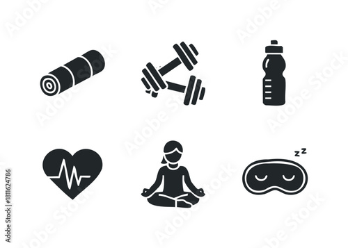 Collection of fitness and wellness lifestyle icons including yoga mat, dumbbells, water bottle, heartbeat, meditation, and sleep mask for healthy living applications.