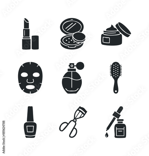Essential cosmetic and beauty product icons collection featuring makeup items and skincare tools for personal care brand marketing or digital application design