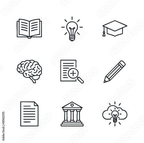 Diverse set of outline icons representing education, learning, research, innovation, and intellectual growth, perfect for academic presentations, online courses, and teaching materials.
