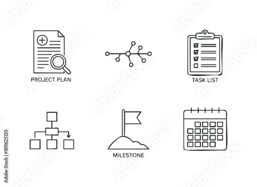 Essential business management icons including project plans, task lists, milestones, and calendars for efficient organizational strategy and workflow