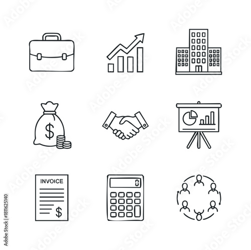 A comprehensive collection of business and finance related line icons illustrating growth, money, buildings, and partnership for corporate presentations or financial applications