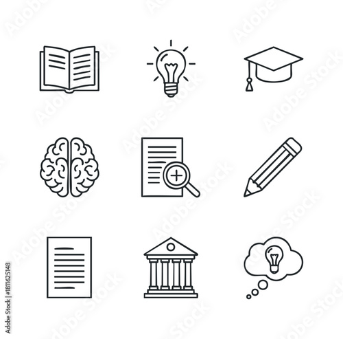 Essential outline icons for education, knowledge, and learning concepts, including symbols for ideas, research, and academia, perfect for digital educational resources and study materials.