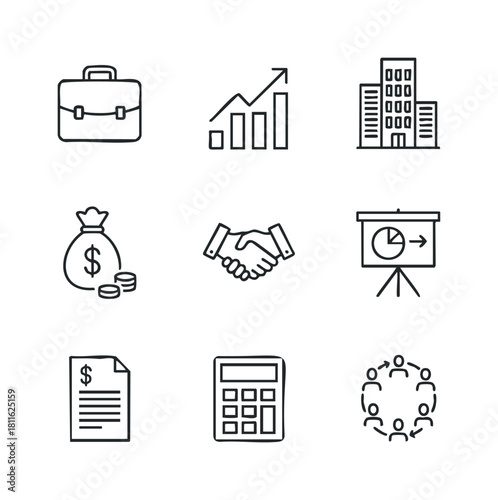 Handdrawn business and finance icons covering concepts like career growth corporate money partnership presentation accounting and teamwork perfect for professional graphic assets