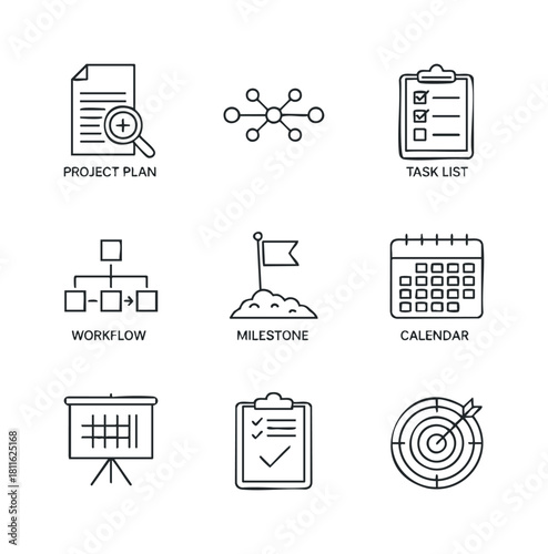Essential linear project management icons for business planning and task organization including workflow, calendar, and goal setting for various professional applications