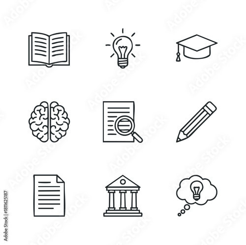Collection of outline icons representing education, knowledge, academic learning, and idea generation concepts like studying, research, and graduation, perfect for web and print media