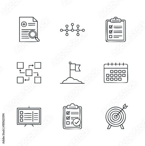 Handdrawn business management and planning icons for project organization, task tracking, goal achievement, and strategic development useful for presentations, educational materials, and