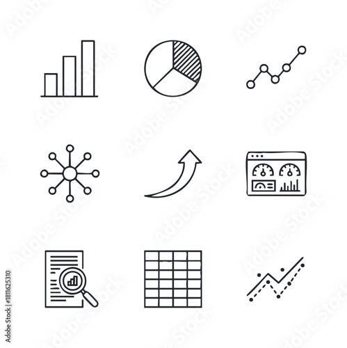 A collection of data analytics and business strategy icons for visualizing market trends, financial growth, and statistical reports in presentations and digital applications.