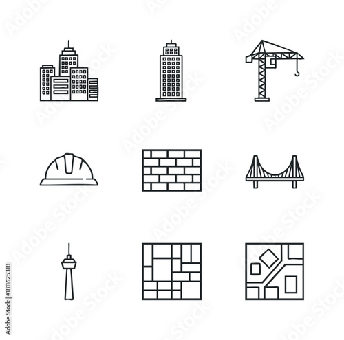 Set of outline construction and architecture icons representing various aspects of urban development, building projects, and engineering elements for digital interfaces.