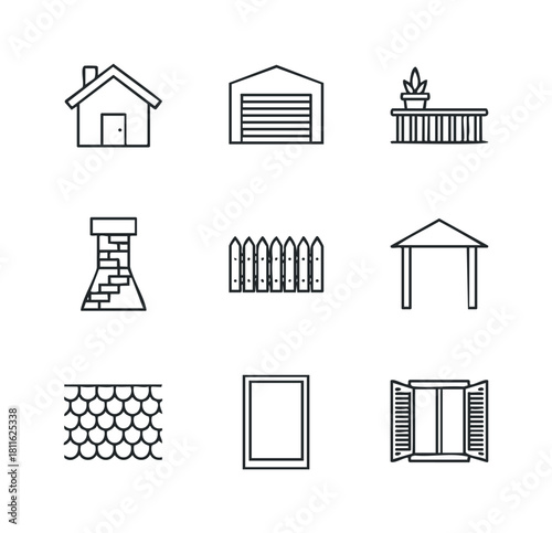 Collection of outline icons featuring various architectural components and home building elements such as a house, garage, fence, and windows, suitable for real estate presentations or