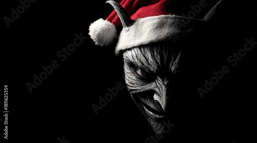 Scary christmas creature in festive hat, with glowing red eye and sinister smile emerges from darkness for horror holiday concept.