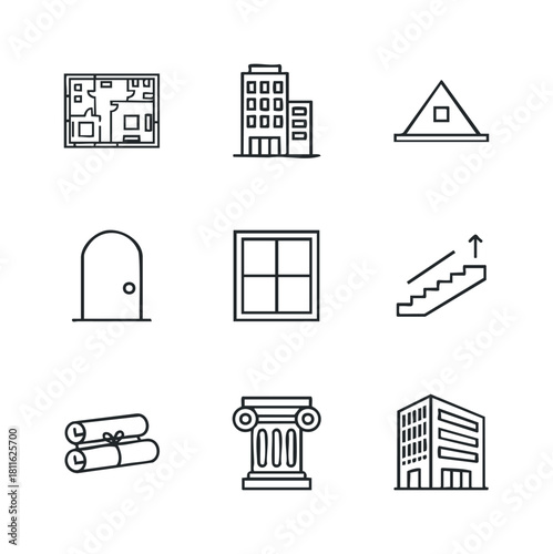 Comprehensive collection of architectural and real estate line icons offering essential symbols for building plans, property listings, construction projects, and home design applications