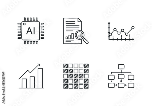 Hand drawn outline icons depicting artificial intelligence, data analysis, statistical trends, business growth, information management, and organizational structure for technology and