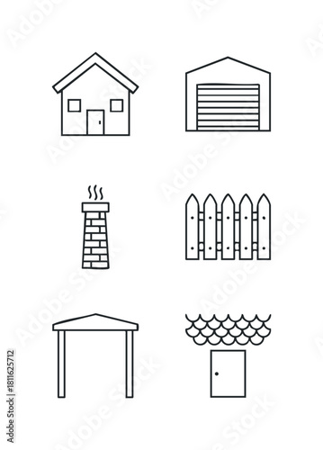 Essential line icons depicting common residential property structures including a house, garage, chimney, fence, carport, and exterior door, ideal for real estate and home building projects.