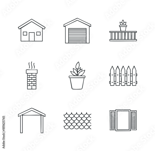 Architectural and gardening outline icons featuring house, garage, potted plants, chimney, picket fence, and window, perfect for real estate applications and home decor projects.