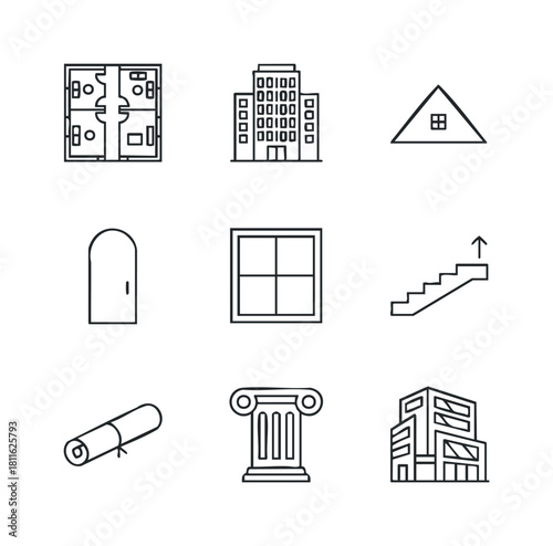 Architectural blueprint design elements set featuring residential floor plans, urban building structures, and essential construction components for real estate development visuals