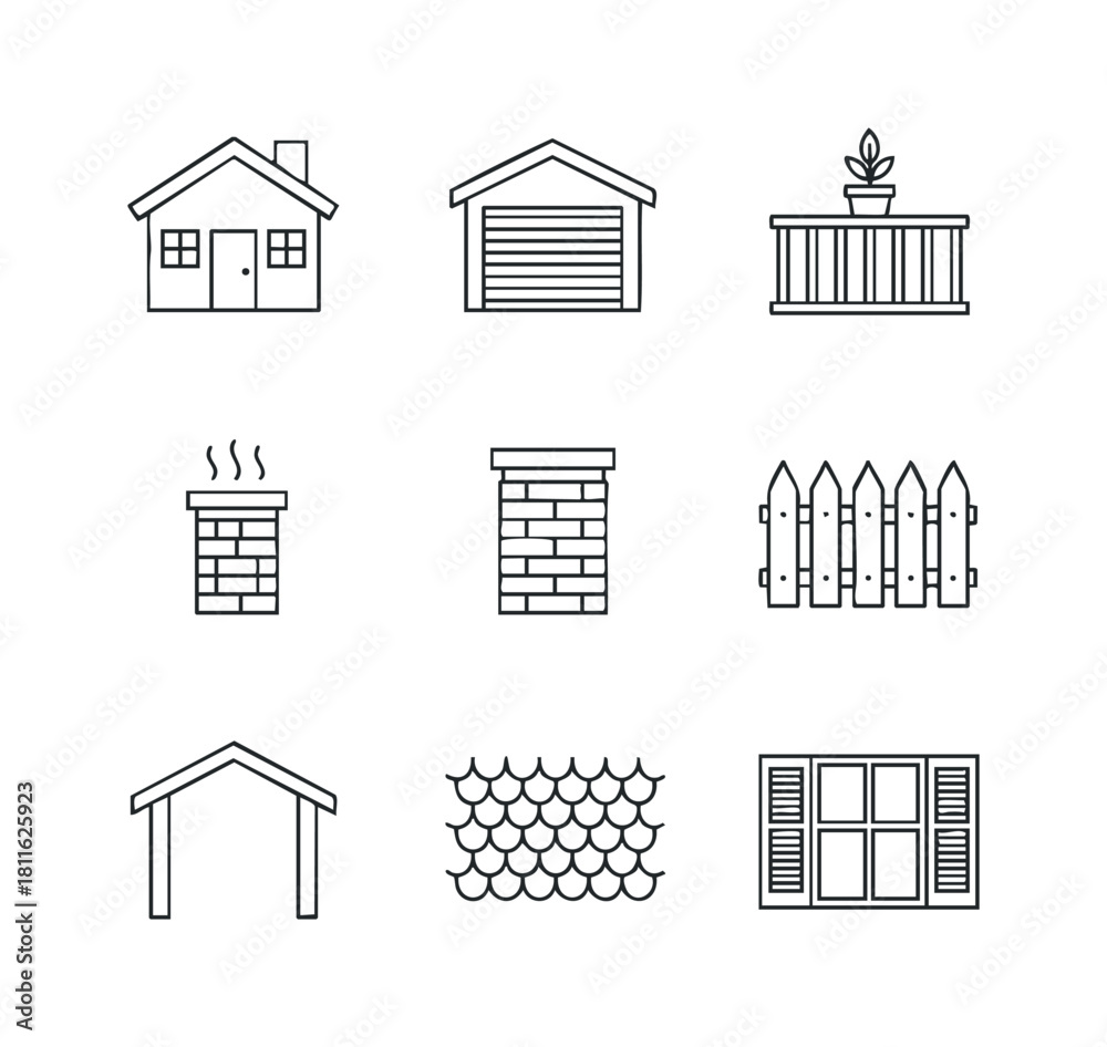Fototapeta premium Various house and home building outline icons providing essential symbols for architectural plans, real estate listings, construction company branding, and property development projects