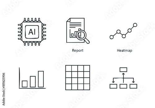 Collection of essential business data analysis and artificial intelligence technology icons for presentations, reports, and informational graphics.