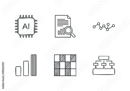 Collection of doodle style artificial intelligence data analysis network and chart icons perfect for business technology and educational applications