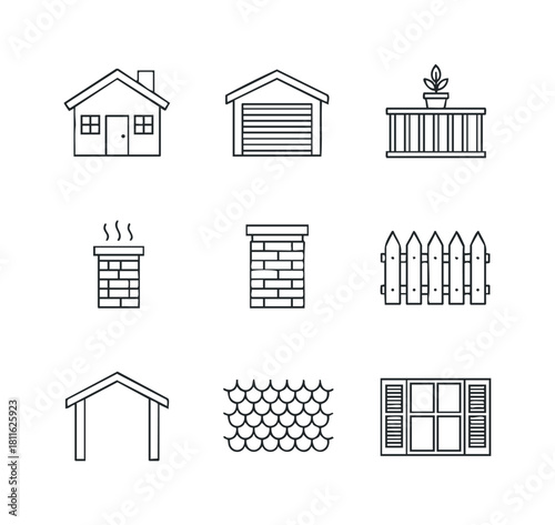 Various house and home building outline icons providing essential symbols for architectural plans, real estate listings, construction company branding, and property development projects