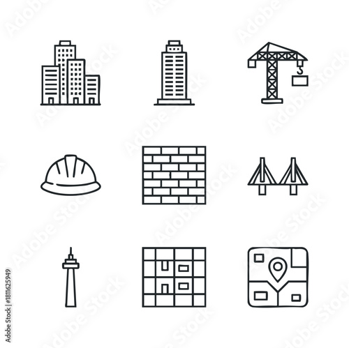 Essential outline icons for architecture and construction, showcasing buildings, tower crane, safety helmet, brick wall, bridge, and map location, useful for urban development and real