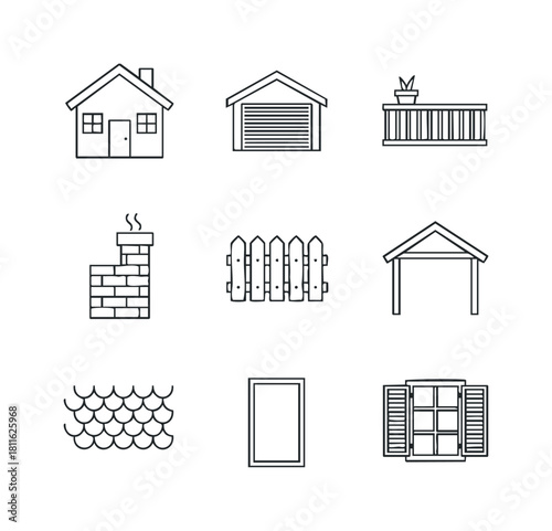 Simple black outline icons representing various essential home and building components for architecture, construction, and real estate presentations