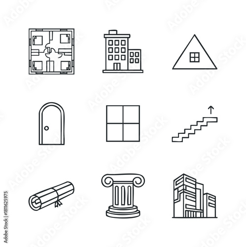 Architectural line icons set provides essential building and home structure symbols perfect for real estate presentations, construction planning, property development websites, and housing