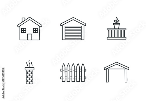 Collection of simple outline vector icons representing home and garden elements such as house, garage, fence, and chimney, ideal for property development and real estate marketing visuals.