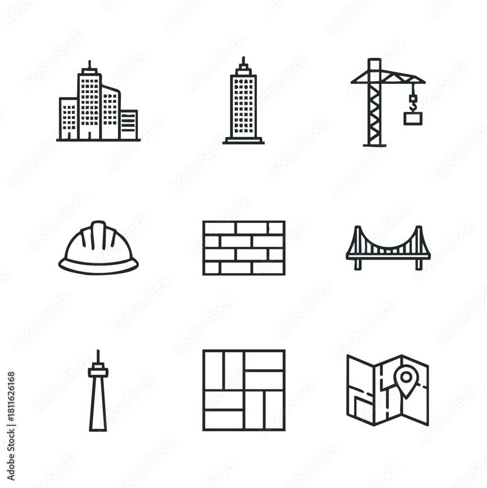 Obraz premium Outline icons representing construction, engineering, architecture, and urban development, ideal for infomation graphics, application interfaces, and digital project presentations.