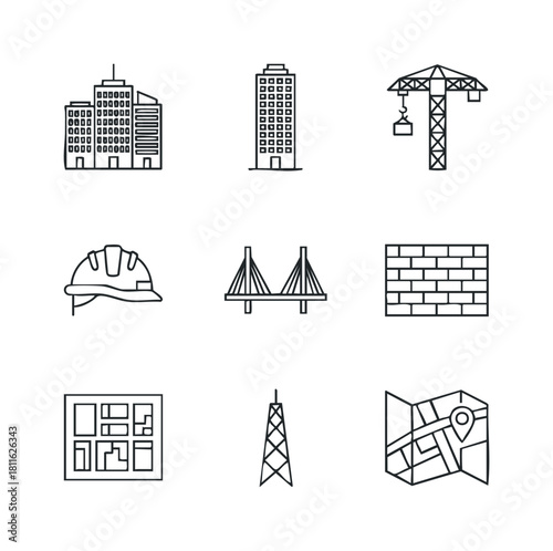 Collection of linear icons representing architecture engineering and construction industry elements suitable for graphic resources presentations and applications.