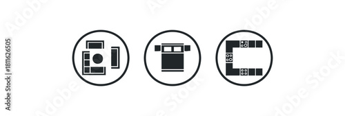 Icons illustrating home interior room layouts, featuring a living room, a bedroom, and a kitchen floor plan, useful for architectural schematics, property marketing, and home design