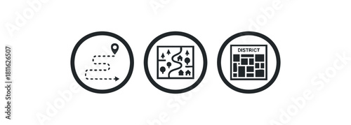 Set of three navigational map icons representing various aspects of route planning, location finding, and urban area exploration for digital and print applications.