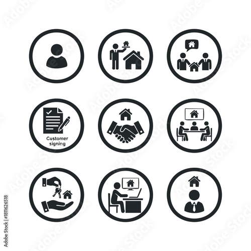 Essential real estate icons covering agent services, customer agreements, contract signing, key handover, and business meetings, ideal for websites, applications, presentations.
