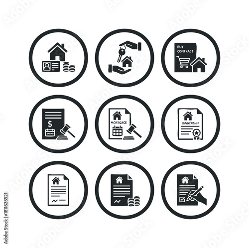 Comprehensive real estate and property transaction icon set illustrating key aspects of buying, selling, mortgage, and ownership documentation for business presentations and informational