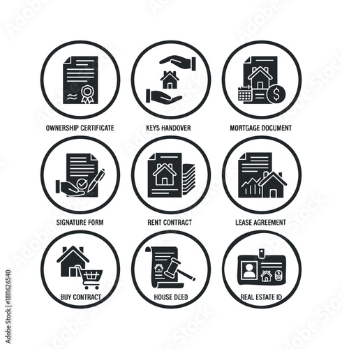 Comprehensive real estate transaction icons for property ownership, rental agreements, mortgage processes, and legal documentation, useful for websites and presentations