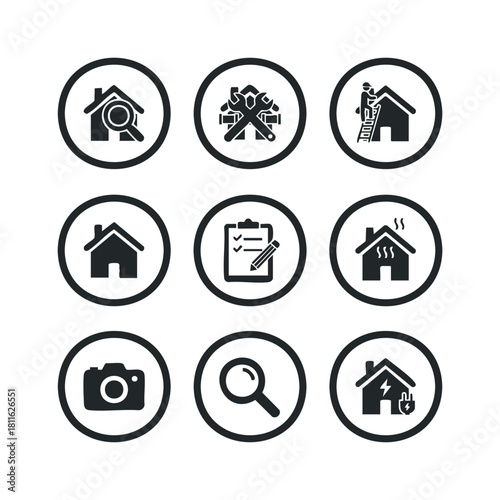 Comprehensive set of professional housing and home maintenance service icons illustrating property search, repair, inspection, and energy solutions for real estate businesses and contractors