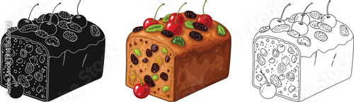 Fruitcake loaf in three styles color, silhouette and outline drawing