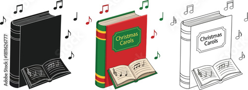 Collection of three christmas carol books in black and, color and outline style