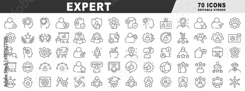 Expert icons illustrating expertise, certification, leadership, verified quality, recruitment, consulting, strategy, teamwork, and network connections in clean outline, editable stroke