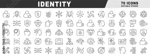 Identity icons for authentication, security, privacy, verification, access, profile, account, password, biometrics, MFA, consent, compliance, encryption; clean outline, editable-stroke vector