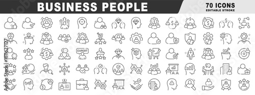 Business people icons showing expert leadership, teamwork, recruitment, presentation, analytics, finance, partnership, goals, and strategy in outline style, editable stroke