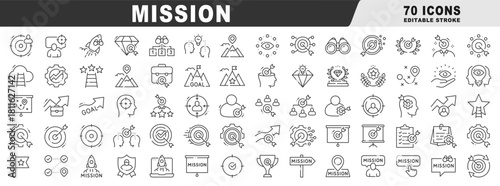Mission outline icons illustrating vision, goal, target, strategy, roadmap, leadership, teamwork, success, milestone, checklist, rocket launch, presentation, KPI, OKR, progress
