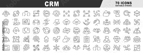 CRM outline icons for customer relationship management: leads, pipeline, analytics, automation, dashboard, retention, support, marketing, integration, cloud, conversion, loyalty, workflow