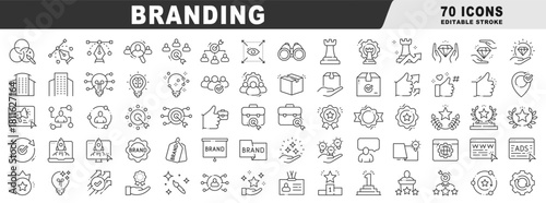 Branding outline icons showcasing identity, logo, strategy, packaging, loyalty, targeting, marketing, recognition, quality, growth, and design in editable-stroke vector format