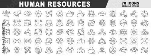 Human resources outline icon set covering recruitment, hiring, onboarding, training, performance analytics, team management, employee engagement, compliance, vector, editable stroke