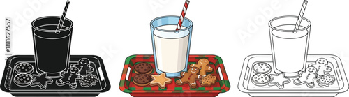 Set of three icons representing milk and cookies for santa a tray in black and color