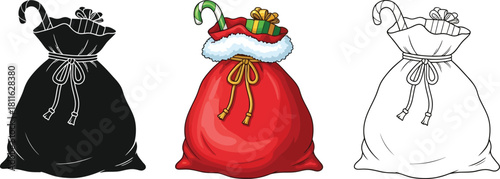Set of three santa claus gift sack illustration in black, color, and outline style